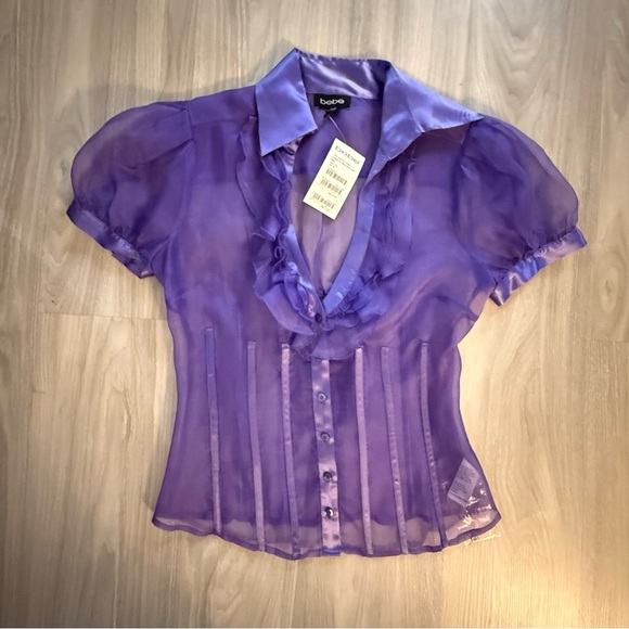 Vintage Bebe 100% Silk Sheer Ruffle Blouse – Purple – Size M – NWT - Picture 1 of 7
